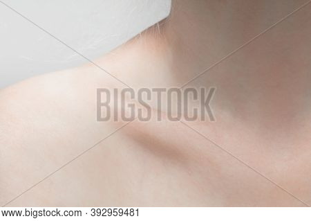 Collarbones. Close Up Portrait Of Beautiful Albino Female Model. Parts Of Face And Body. Beauty, Fas