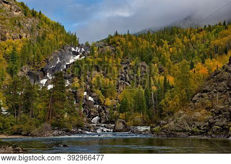 Russia. Mountain Altai. Cascade Waterfall \
