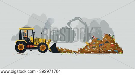 A Tractor Driver Is Plowing A Pile Of Garbage.