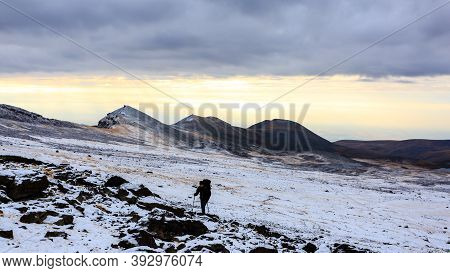 Aragats, Armenia - October 11, 2018: Tourist On The Way To The Crater Of Mount Aragats, Northern Sum