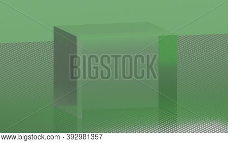 Transparent Cube On Abstract Green Background, 3d Render