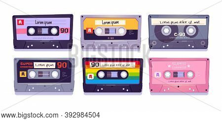 Audio Cassettes, Retro Tapes, Media Storage For Music And Sound Isolated On White Background. Vintag