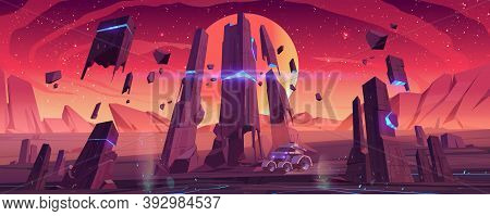 Mars Rover On Red Planet Surface Explore Alien Landscape. Robotic Autonomous Vehicle For Space Disco