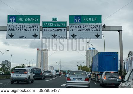 Paris, France- October 06, 2020 : Preselection Lanes Near Paris With Heavy Traffic.