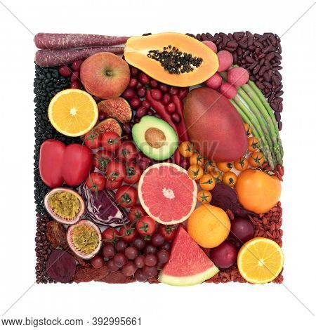 Plant based foods high in lycopene to help lower cholesterol & lower the risk of certain cancers. Also high in antioxidants, anthocyanins, vitamins, minerals, dietary fibre & omega 3. On white.  