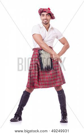 Lustige Scotsman tanzen auf weiß