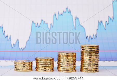 Uptrend Stacks Of Golden Coins And  Financial  Chart As Background. Selective Focus