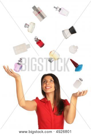 Frau nachschlagen und Jonglieren Parfums collage
