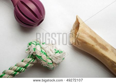 Variety of dog toys against white background