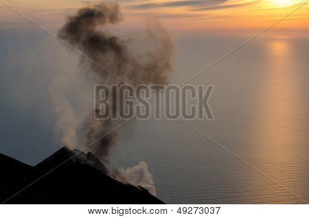Smoking Volcano On Stromboli Island, Lipari, Sicily