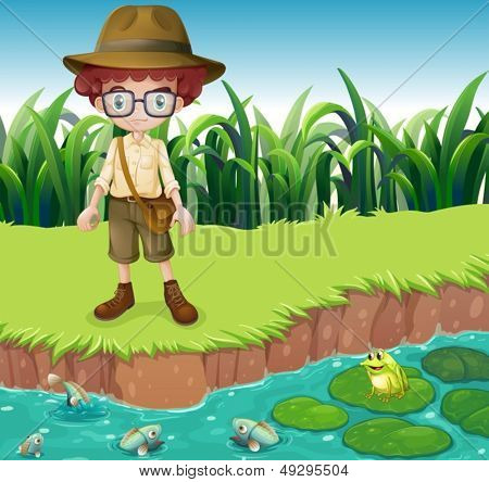 Illustrazione di un ragazzo serio cerca presso la riva del fiume