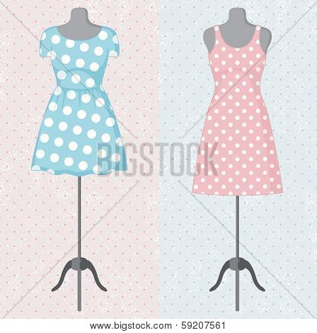 Different vintage dresses on a mannequin. Vector