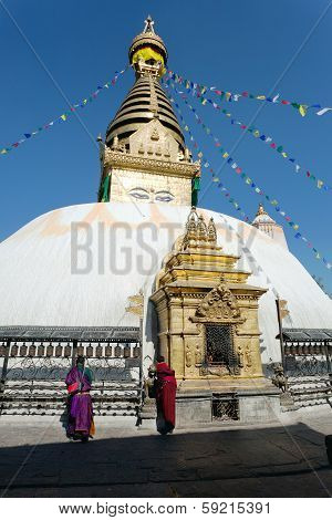 Swayambhunath Stupa With Monks - Kathmandu - Nepal