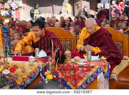 Nepal, Kathmandu, Boudhanath Stupa -17Th Of December 2013: Meditation Of Tibetan Buddhist Monks Duri