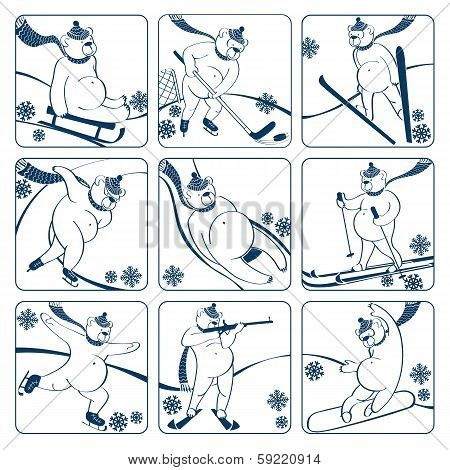 Set Of White Bear Plays Winter Sport.graphics Humor Illustration