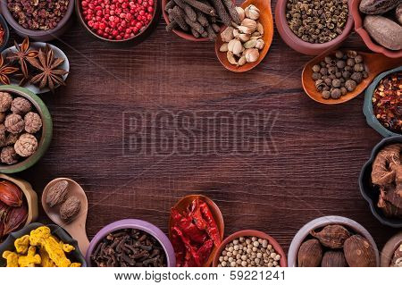 Large Set Of Spices And Seasonings, Top View