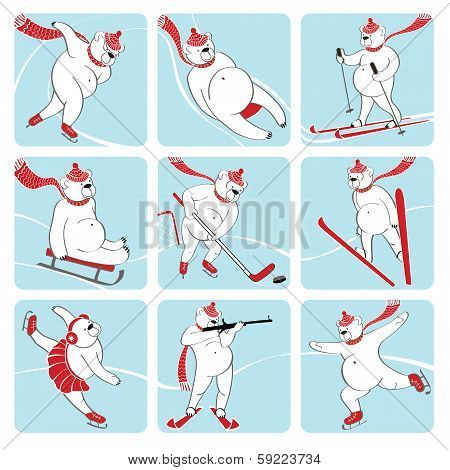 Set Of White Bear Plays Winter Sport. Humorous Illustration.