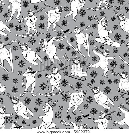 White Bear Plays Winter Sport.seamless Pattern.humor