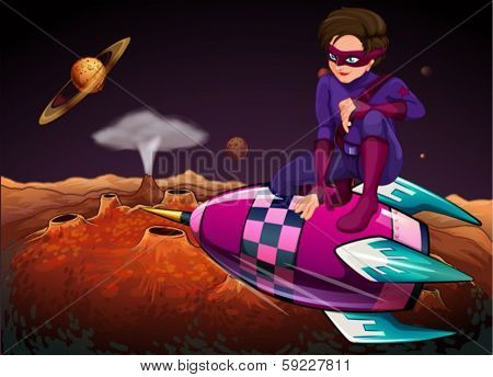 Illustration of a superhero at the outerspace above a spaceship