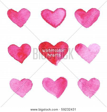 Set of pink watercolor hearts