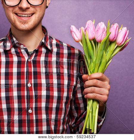Man Clothing Hipster Holding A Bouquet Of Flowers For Valentine's Day Concept, Mothers Day, Birthday