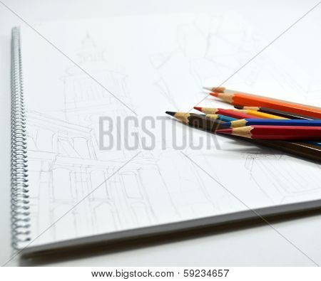 Buildings Pencil Sketch With Color Pencils