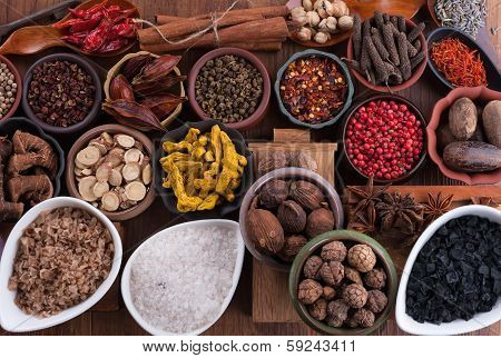 Large Set Of Spices, Seasonings And Salt