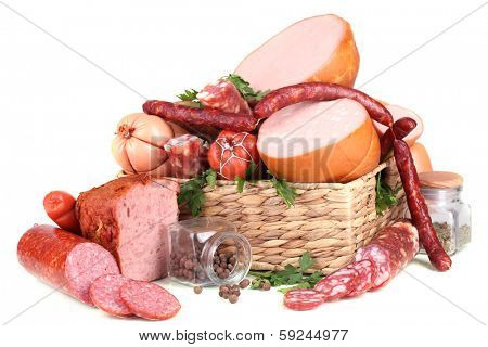 Lot of different sausages in basket isolated on white