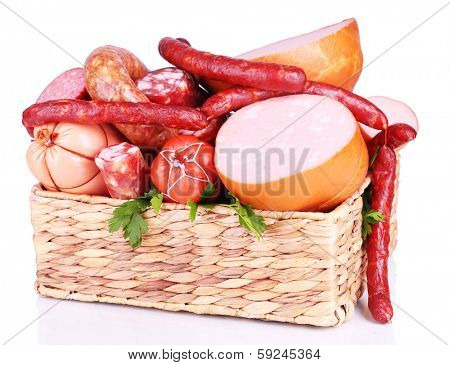 Lot of different sausages in basket isolated on white