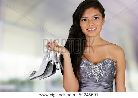 Teenage girl set against a white background