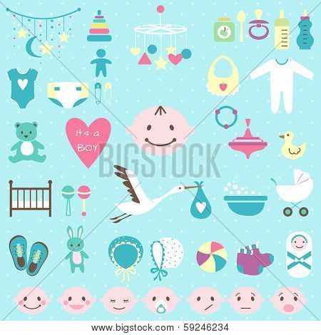 Set of baby shower flat elements for boy