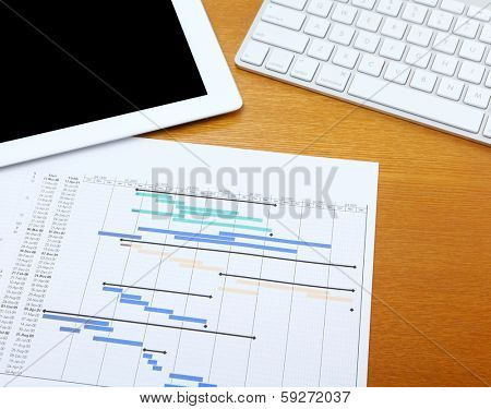 Gantt chart with tablet and computer keyboard