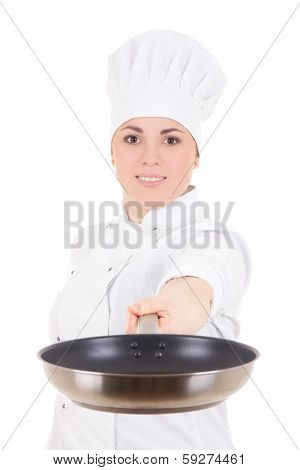 Young Attractive Cook Woman In Uniform With Teflon Frying Pan Isolated On White