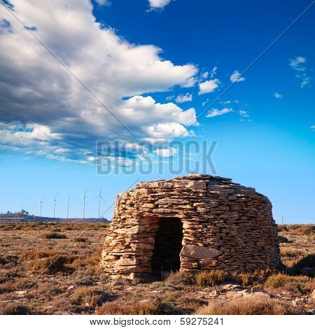 Maestrazgo shepherd shelter in Castellon Windmills with traditional rural life at spain