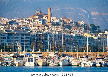 Altea village in alicante with marina boats foreground at Spain Valencian Community