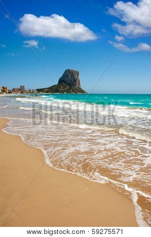 Calpe Alicante Arenal Bol beach with Penon de Ifach mountain in Mediterranean sea of Spain
