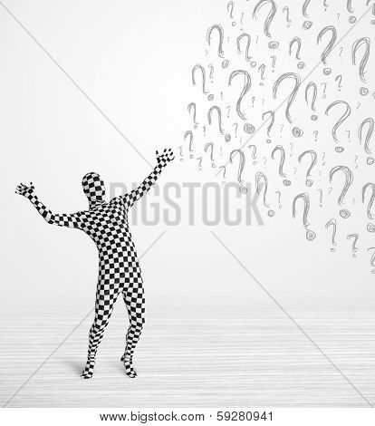 3d human character is body suit morphsuit looking at hand drawn question marks