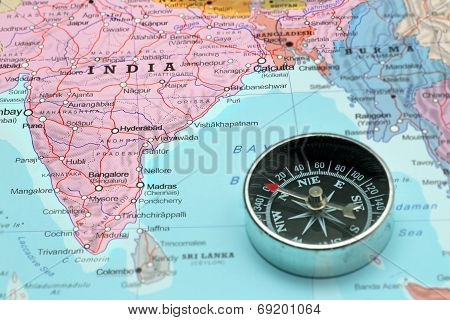 Travel Destination India, Map With Compass