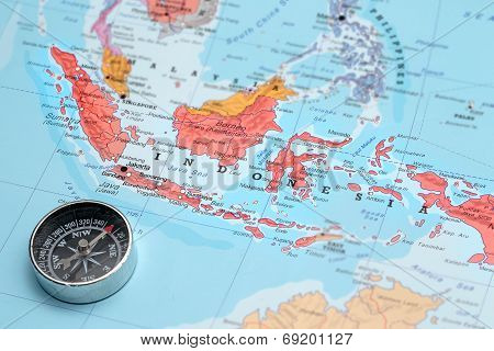 Travel Destination Indonesia, Map With Compass