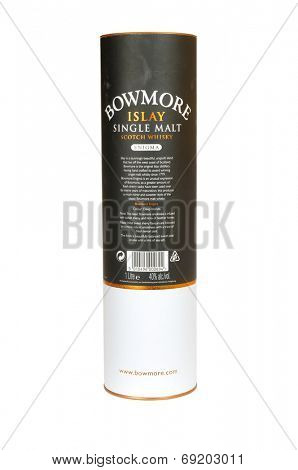 Hayward, CA - July 28, 2014: 1 liter Bottle in container of BOWMORE Islay Single malt Enigma Scotch Whisky