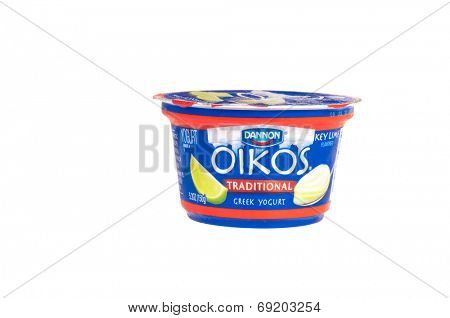 Hayward, CA - July 27, 2014: Container of Dannon brand - Oikos Traditional Greek style yogurt with Key Lime flavoring