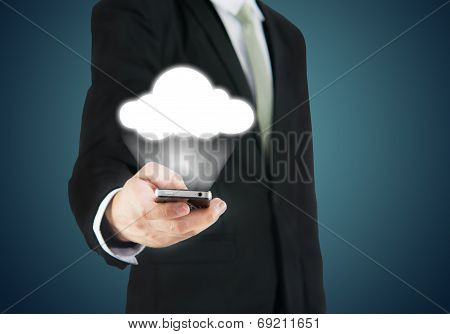 Businessman Hand Holding Smart Phone Cloud Connectivity