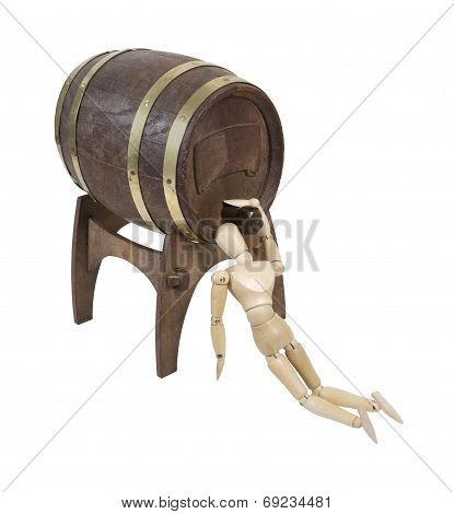 Drinking Straight From A Wooden Barrel On Stand