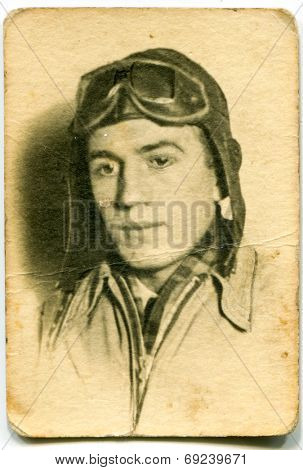 POLAND, JANUARY 9, 1936 - Vintage photo of pilot in aviator hat and googles