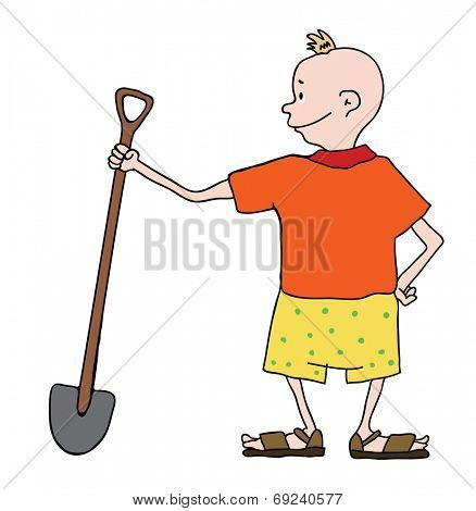 boy in shorts with shovel, vector illustration
