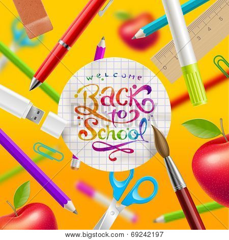 Back to school - vector illustration with watercolor colorful lettering and stationery items