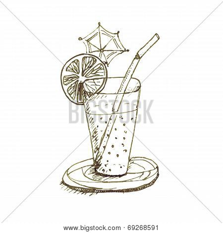 Hand-drawn Glass With Drink, Citrus Fruits And Straw.