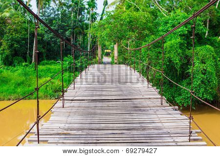 Old Wooden Long Rope Bridge Cross The Stream