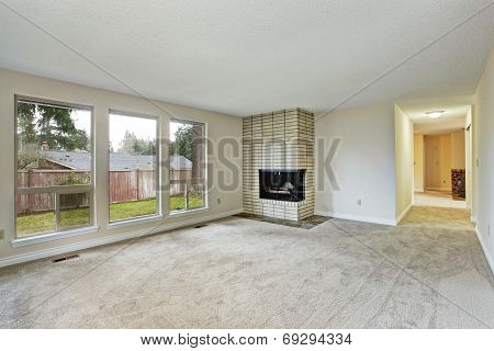 Empty Bright Living Room With Fireplace