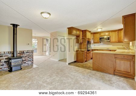 Empty House Interior. Living Room With Kitchen Area
